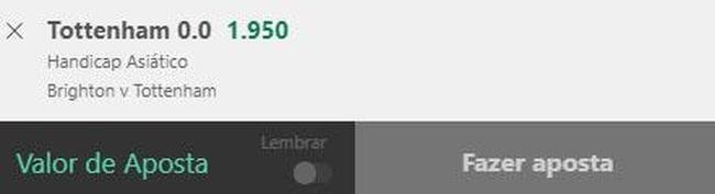 Tottenham handicap asitico 0.0 contra o Brighton (odd 1.95) - Apesar de ser visitante, o Tottenham tem mais time que o Brighton. Os Spurs esto em terceiro. O rival, no entanto, faz campanha surpreendente, ocupa o sexto lugar e tem bons resultados na temporada, como vitria sobre o United e empate com o Liverpool. Em caso de empate, teremos reembolso em nossa entrada.