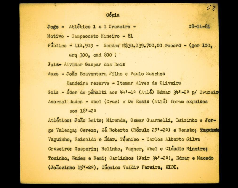 4 - Atltico 1 x 1 Cruzeiro (8 de novembro de 1981, pelo Campeonato Mineiro) - 112.919 torcedores