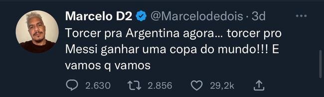 Cantor Marcelo D2 afirma que ir torcer para Messi ganhar a Copa do Mundo com a Argentina