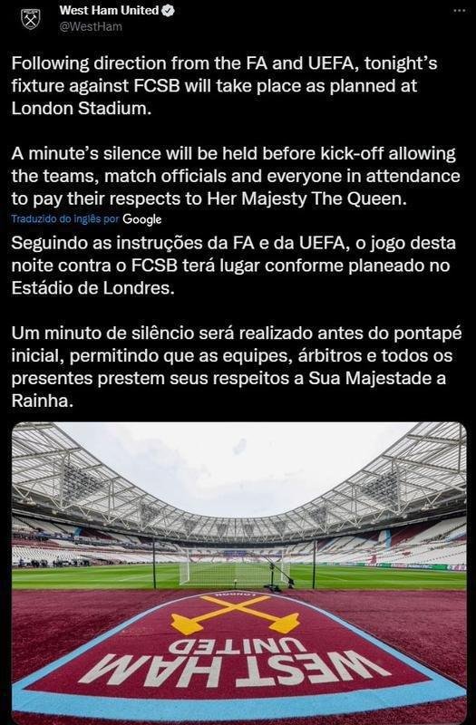 West Ham falou sobre o minuto de silncio em homenagem - Seguindo as instrues da FA e da UEFA, o jogo desta noite contra o FCSB ter lugar conforme planeado no Estdio de Londres. Um minuto de silncio ser realizado antes do pontap inicial, permitindo que as equipes, rbitros e todos os presentes prestem seus respeitos a Sua Majestade a Rainha.