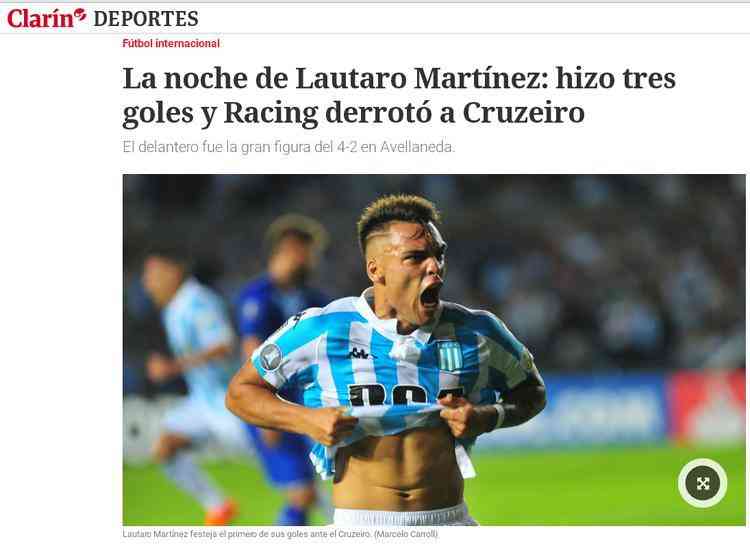 Jornal Clarn valorizou eficincia de Lautaro, autor de um hat-trick diante do Cruzeiro