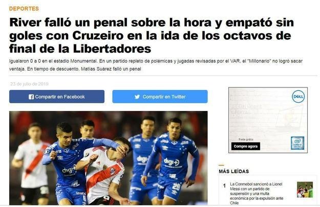 Infobae: River perdeu um pênalti nos acréscimos e empatou sem gols com Cruzeiro no jogo de ida das oitavas