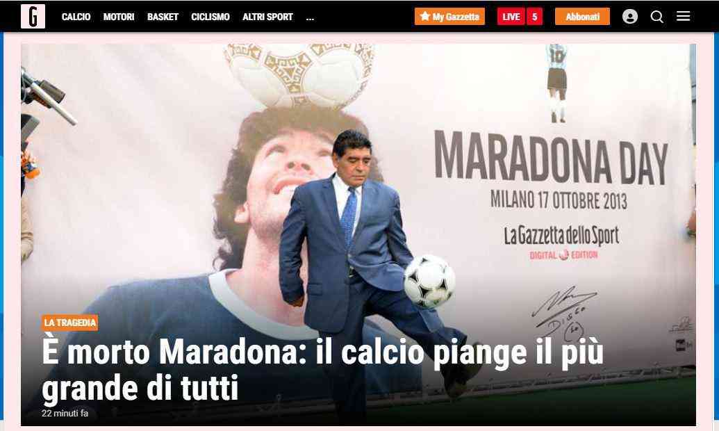 'Está morto Maradona: o futebol chora pela morte do melhor de todos', estampa a Gazzetta dello Sport, da Itália