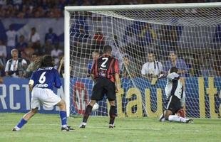 ...o argentino apenas olha a bola caminhar para as redes, enquanto o goleiro Fl�vio j� se entrega no lance...
