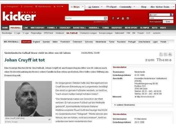 Kicker (Alemanha): ' Johan Cruyff morreu - Uma triste notcia para o futebol'