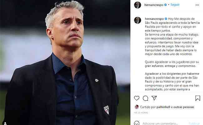 Em post no Instagram, Hernn Crespo desejou boa sorte ao sucessor no So Paulo 
