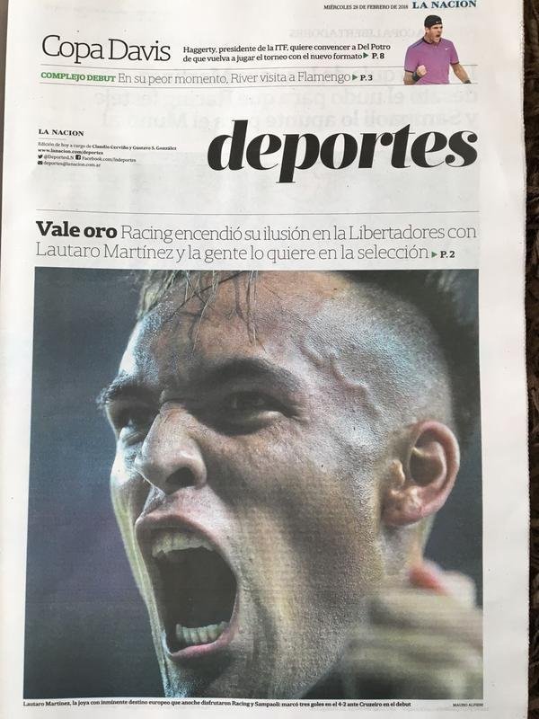 Caderno de esportes do La Nacin: 'Vale ouro! Racing iluminou seu sonho na Libertadores com lautaro Martnez, e ns queremos ele na Seleo Argentina'