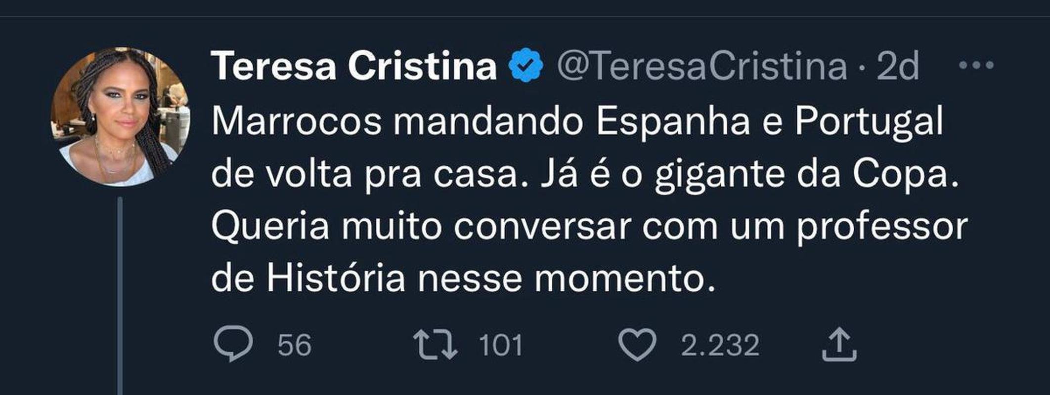 Cantora Teresa Cristina chamou Marrocos de 'gigante da Copa' 