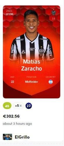 Matías Zaracho - 302,56 euros (R$ 1.926,73) pela carta rara
