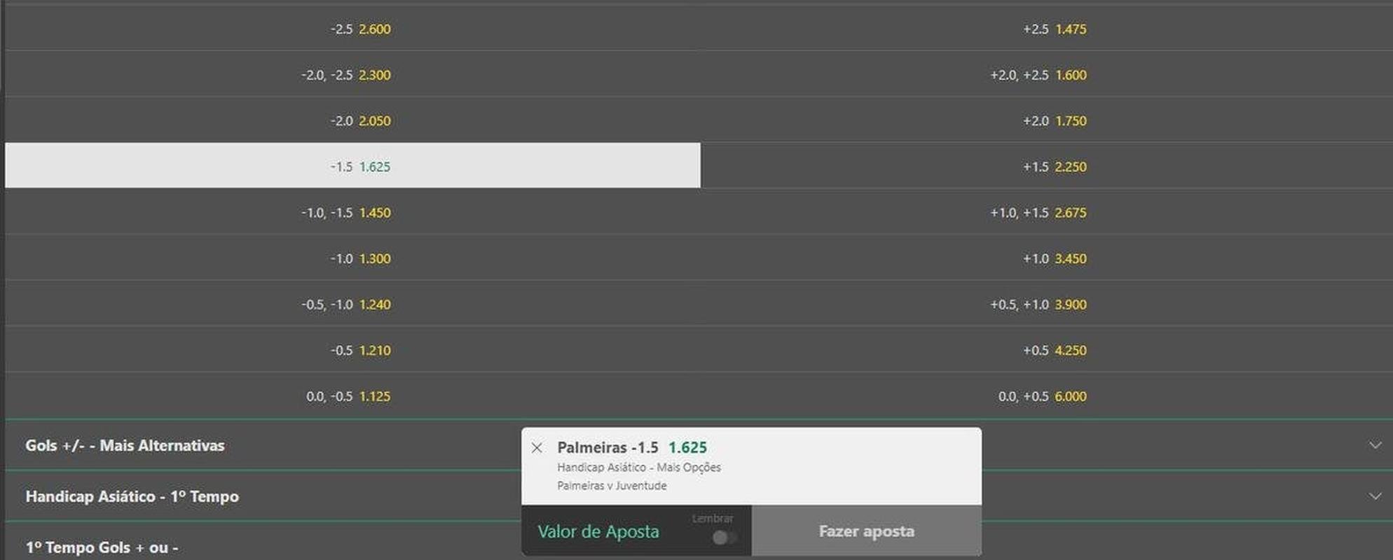 Palmeiras handicap asi�tico -1.5 contra o Juventude (odd 1.62) - Eliminado na semifinal da Copa Libertadores com o empate em casa contra o Athletico, o Palmeiras s� tem a disputa do Campeonato Brasileiro pela frente. E o time precisa mostrar rea��o para voltar a vencer e manter a diferen�a de sete pontos de vantagem sobre o Flamengo, vice-l�der. Nada melhor para o Alviverde do que enfrentar logo o lanterna da competi��o. Em 25 jogos, o Juventude venceu apenas tr�s, sendo apenas uma fora de casa. Nos �ltimos nove jogos como visitante, foram seis derrotas e tr�s empates. Por isso, acreditamos em uma boa vit�ria do Palmeiras, que precisa dar uma resposta imediata ap�s a elimina��o. Para nossa apostar ter sucesso, o time paulista precisa vencer por dois gols de vantagem.