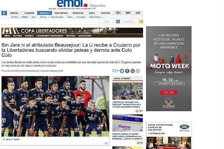 Emol: 'Sem Jara e o afligido Beausejour, La U recebe Cruzeiro pela Libertadores procurando esquecer lutas e derrota diante do Colo Colo. Os azuis tm jogo fundamental em casa contra os brasileiros em uma semana que no tem sido fcil. Se vencerem, eles ficam em uma posio muito boa para se qualificar para a segunda rodada'
