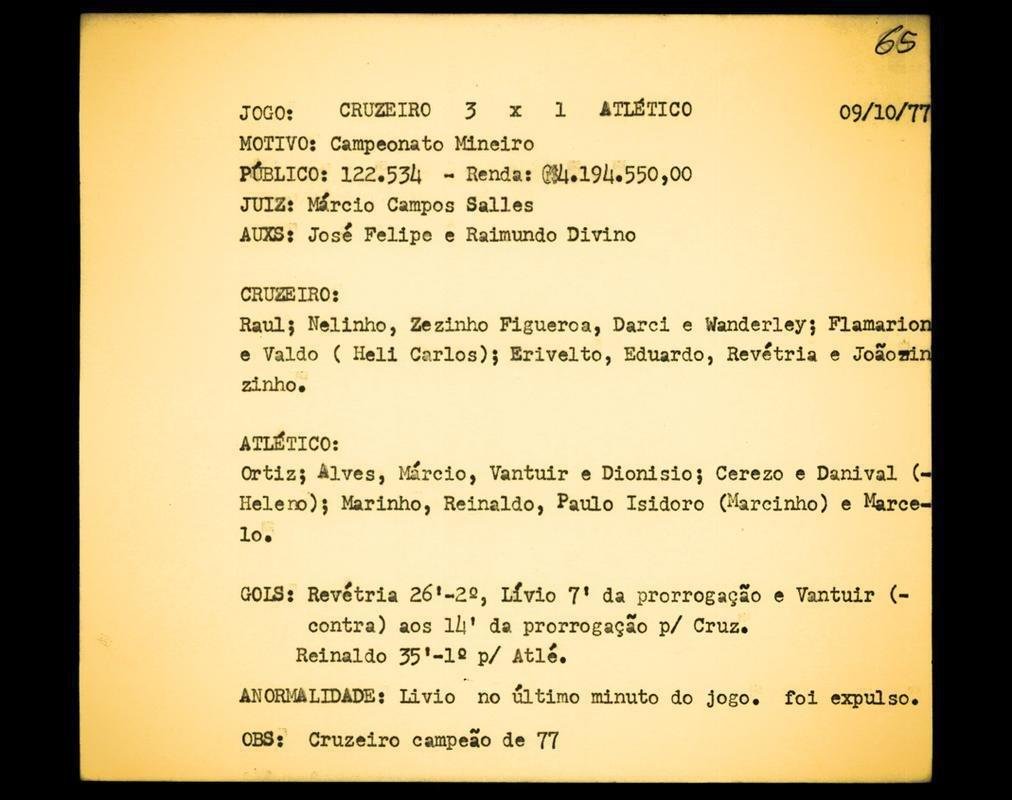 2 - Cruzeiro 3 x 1 Atltico (9 de outubro de 1977, pelo Campeonato Mineiro) - 122.534 torcedores