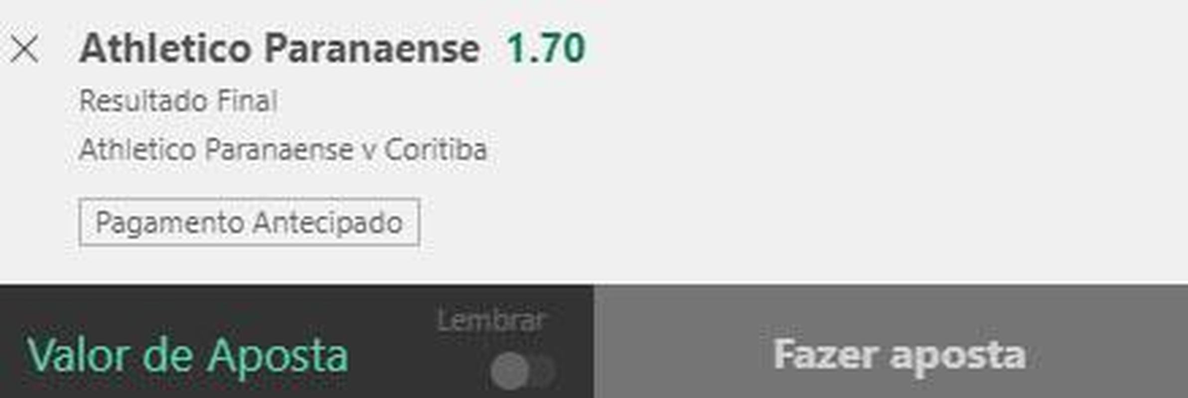 Athletico-PR vence Coritiba (odd 1.70) - O Athletico faz grande campanha no Brasileiro e tenta somar o maior nmero de pontos possvel antes da final da Libertadores contra o Flamengo. J o Coxa est prximo da zona de rebaixamento, com quatro pontos a mais que o Cuiab. Por jogar em casa, com torcida nica, e ter um time melhor, o Furaco  favorito no jogo.