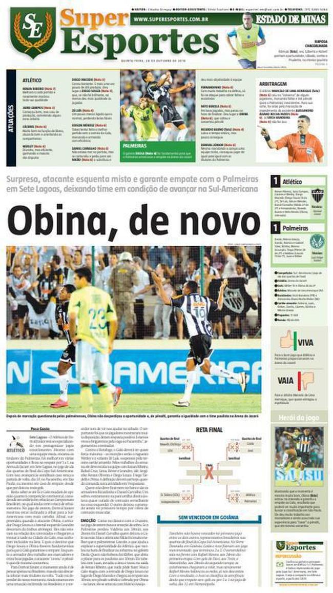 O Atltico jogou com vrios reservas na Sul-Americana, j que o foco maior era escapar do rebaixamento no Campeonato Brasileiro. Obina, titular, salvou: 'atacante esquenta misto e garante empate com o Palmeiras em Sete Lagoas, deixando time em condio de avanar na Sul-Americana', l-se na crnica daquela partida, publicada no EM.