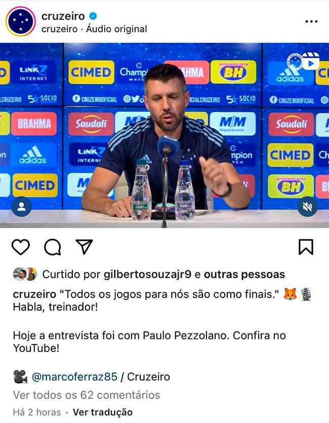Gilberto curtiu publicao do Cruzeiro com trecho da entrevista de Pezzolano