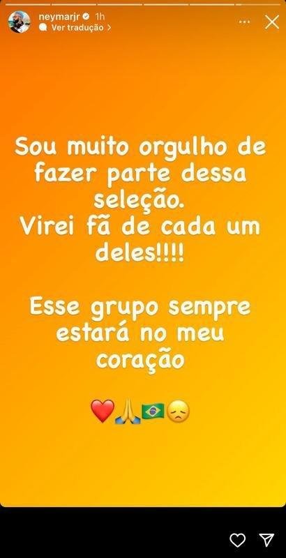 Neymar exps conversas com Marquinhos e Thiago Silva, e logo depois exaltou grupo da Seleo Brasileira que foi eliminado na Copa do Mundo para a Crocia