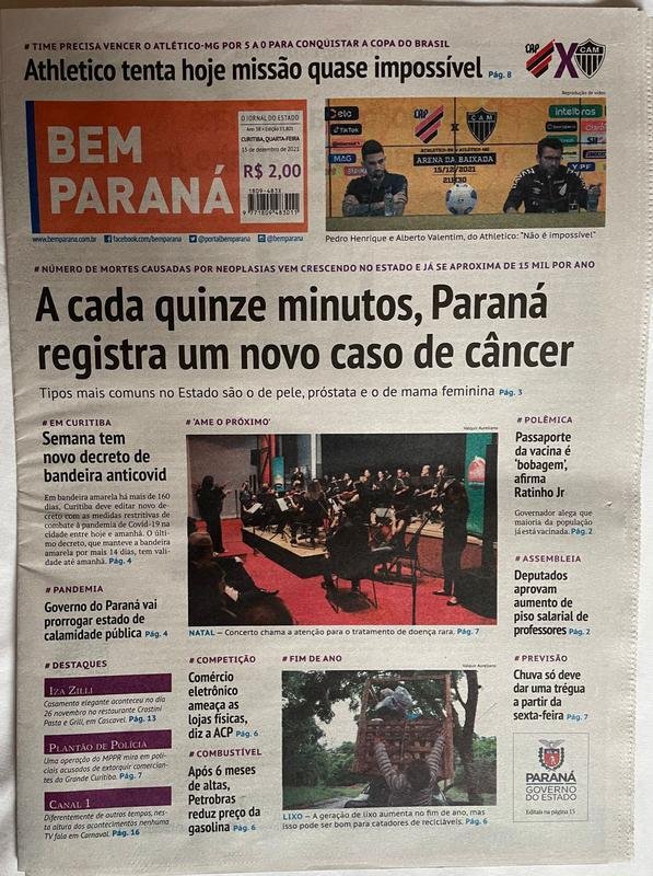 Bem Paran traz registro na capa sobre a final