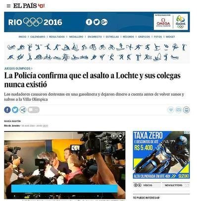 El País, Espanha: 'A polícia confirma que o assalto a Lochte e seus colegas nunca existiu'