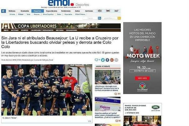 Emol: 'Sem Jara e o afligido Beausejour, La U recebe Cruzeiro pela Libertadores procurando esquecer lutas e derrota diante do Colo Colo. Os azuis têm jogo fundamental em casa contra os brasileiros em uma semana que não tem sido fácil. Se vencerem, eles ficam em uma posição muito boa para se qualificar para a segunda rodada'