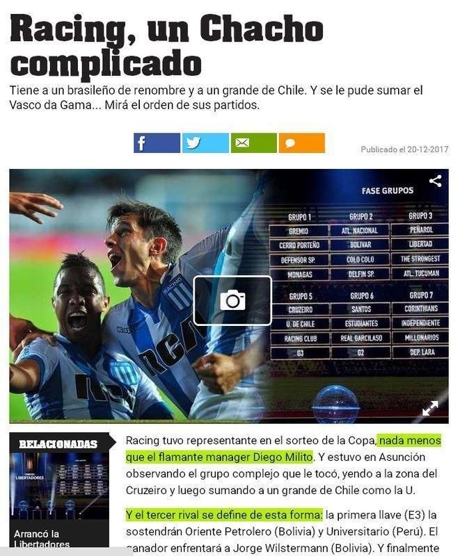 Grupo 5, do Racing, foi apontado um dos mais complicados da Libertadores
