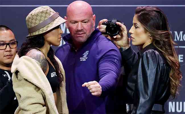 Amanda e Julianna se encaram diante do presidente do UFC, Dana White: Leoa pensava em outra rival