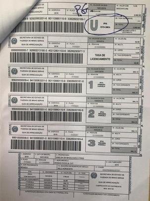 Documentos e comprovantes de pagamentos de impostos de carros da esposa de Wagner, Giselda de Magalhes Santos Pires