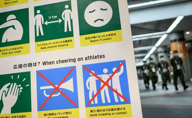 Placa mostra como os Jogos de Tquio so marcados pelas limitaes impostas pela COVID-19