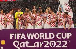Festa e premiao dos jogadores da Crocia pela conquista do terceiro lugar na Copa do Mundo de 2022, no Catar. Time croata venceu o Marrocos por 2 a 1 neste sbado (17), no Estdio Internacional Khalifa, em Doha