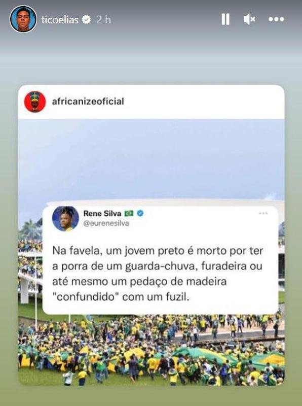 Ex-jogador de clubes como Atltico e Corinthians e atualmente parte da gesto do Cruzeiro, Elias condenou os atos e compartilhou postagem que faz reflexo sobre racismo.