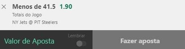 Menos de 41,5 pontos em Jets x Steelers (odd 1.90) - Diferentemente do jogo acima, teremos em campo dois ataques frgeis e defesas fortes. A tendncia  de um jogo dominante do lado defensivo da bola e poucos pontos das duas equipes.