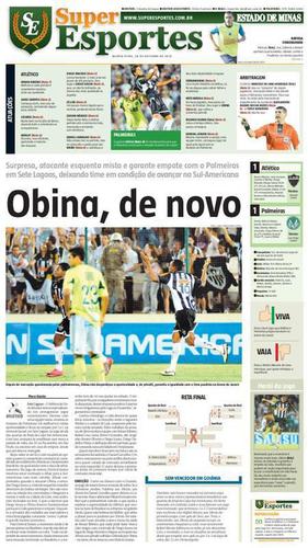 O Atlético jogou com vários reservas na Sul-Americana, já que o foco maior era escapar do rebaixamento no Campeonato Brasileiro. Obina, titular, salvou: 'atacante esquenta misto e garante empate com o Palmeiras em Sete Lagoas, deixando time em condição de avançar na Sul-Americana', lê-se na crônica daquela partida, publicada no EM.