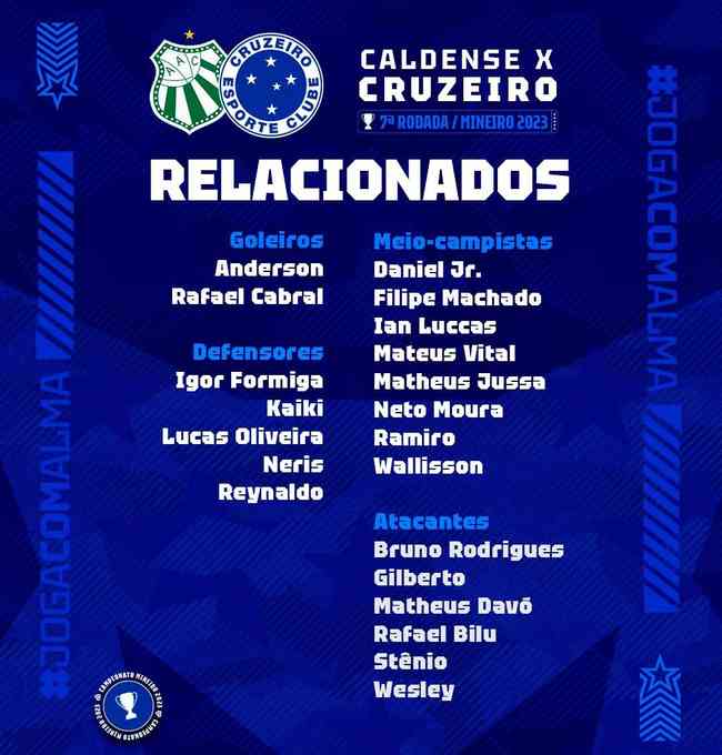 Os jogadores relacionados do Cruzeiro para o jogo contra a Caldense