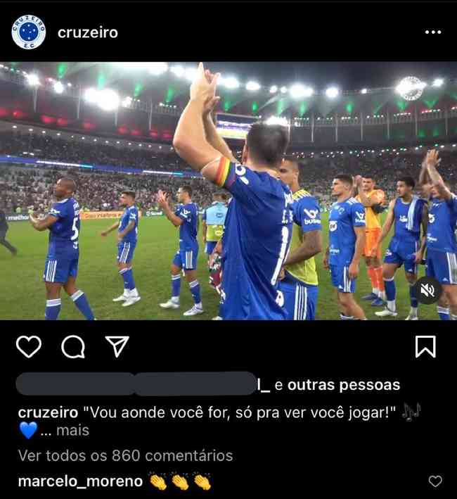 Reação de Moreno nas redes sociais do Cruzeiro