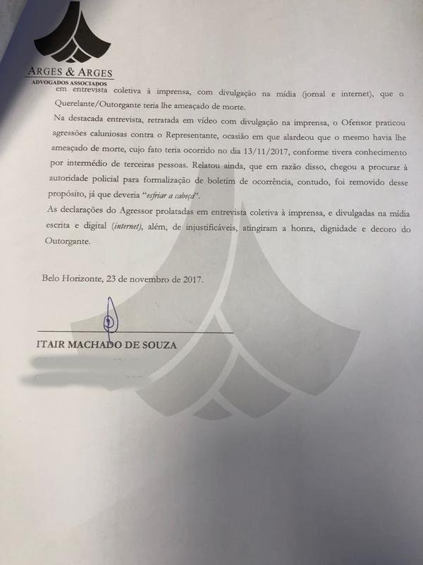 Futuro vice de futebol do Cruzeiro entrou com queixa crime contra Bruno Vicintin, por calnia. Na quarta-feira, Vicintin acusou Itair de t-lo ameaado de morte