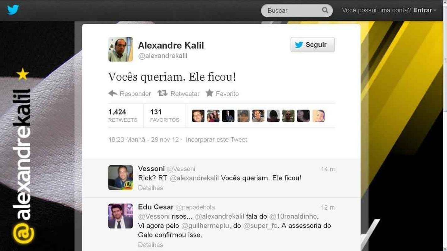 No fim de novembro de 2012, Kalil divulgou no Twitter a renovao com Ronaldinho