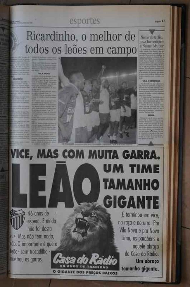Recorde de p�blico no Mineir�o: p�ginas do jornal Di�rio da Tarde sobre Cruzeiro 1x0 Villa Nova, em 1997. Est�dio recebeu 132.834 pessoas na decis�o do Campeonato Mineiro