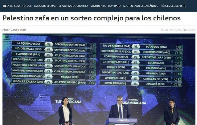 La Tercera: ttulo destaca que Palestino-CHI foi o chileno que se 'safou' no sorteio.