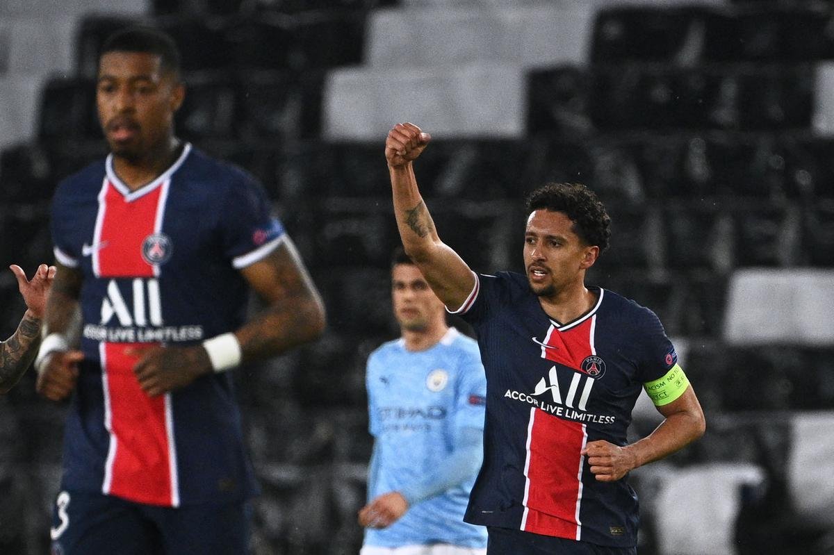 Fotos do gol de Marquinhos, do PSG, sobre o Manchester City no primeiro jogo da semifinal da Liga dos Campees, no Parque dos Prncipes, em Paris