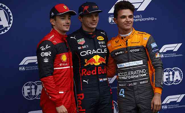 Os três melhores da qualificação: Leclerc, Verstappen e Norris