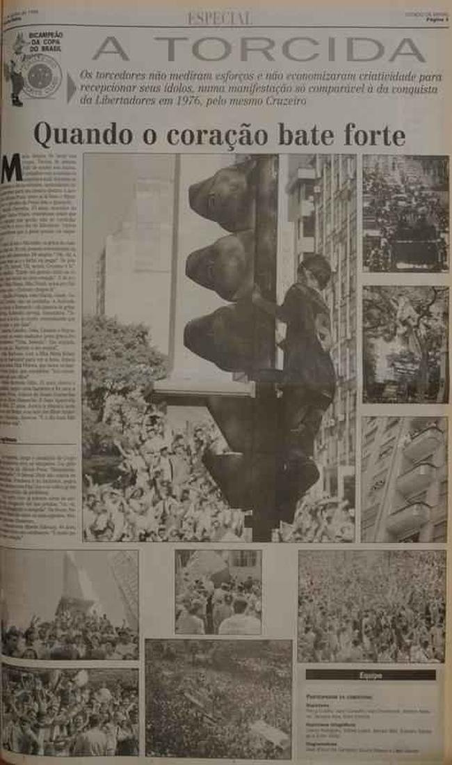 Pginas do jornal Estado de Minas em 21/06/1996, com cobertura da festa da torcida na chegada do time