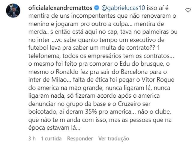 Alexandre Mattos respondeu alguns cruzeirenses em publicao do atacante Edu