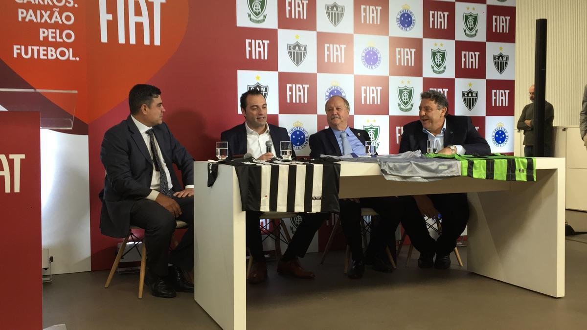 Presidentes e mascotes de Amrica, Atltico e Cruzeiro foram  fbrica da Fiat, em Betim, onde firmaram acordo comercial