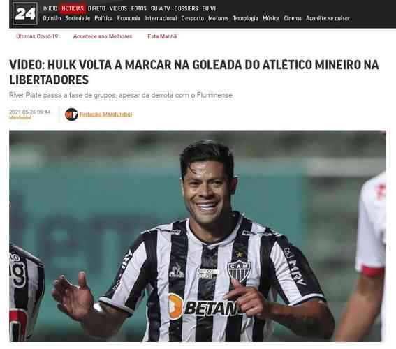 TVI24 (Portugal) - Site portugus destaca mais uma boa partida do atacante do Galo