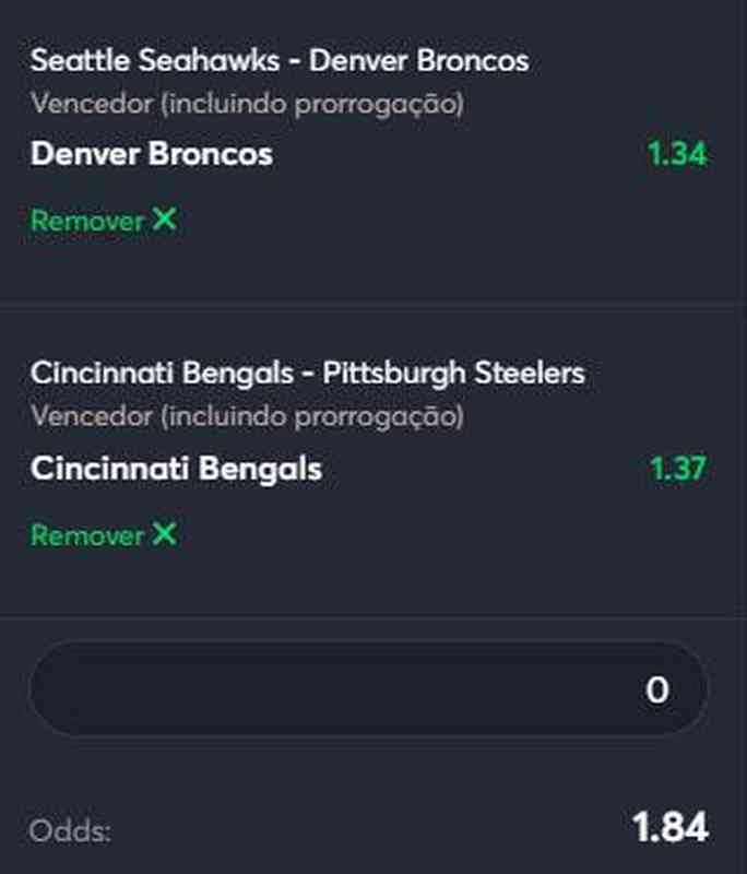 Denver Broncos vence Seattle Seahawks, e Cinccinati Bengals vence Pittsburgh Steelers (odd 1.82) - O jogo entre Broncos e Seahawks vai marcar o reencontro de Russell Wilson, campeo por Seattle, com a ex-equipe. Ele acabou de assinar com o Broncos e deve ser fator determinante para a equipe ir aos playoffs. J Seattle deve comear o jogo com Geno Smith, que est algumas prateleiras abaixo. Os visitantes so favoritos no duelo. J entre Bengals, atual vice-campeo, e Steelers, em seu primeiro ano sem o QB Big Ben Roethlisberger, a tendncia  que o time de Cincinnati vena diante de seus torcedores, especialmente por ter uma equipe mais forte.