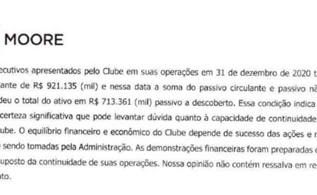 Observaes da Moore sobre a situao financeira do Cruzeiro