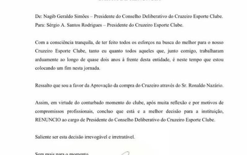 Carta de renúncia de Nagib Simões, datada de 31 de março de 2022