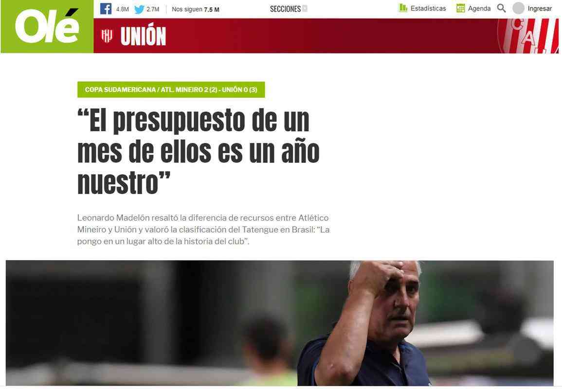 Jornal 'Ol' destaca diferena de oramento entre os clubes; tcnico do Unin detalha que um ms de pagamentos do Atltico vale por um ano no clube argentino