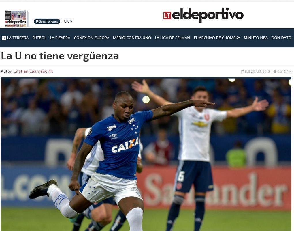 Manchetes dos veculos de comunicao do Chile. Capa do portal El Deportivo, do La Tercera