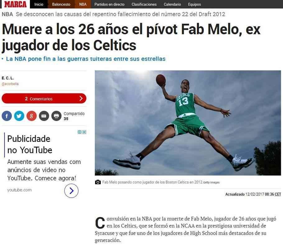 Jornal Marca, de Madri, na Espanha, relembrou trajetria de Fab Melo no basquete norte-americano