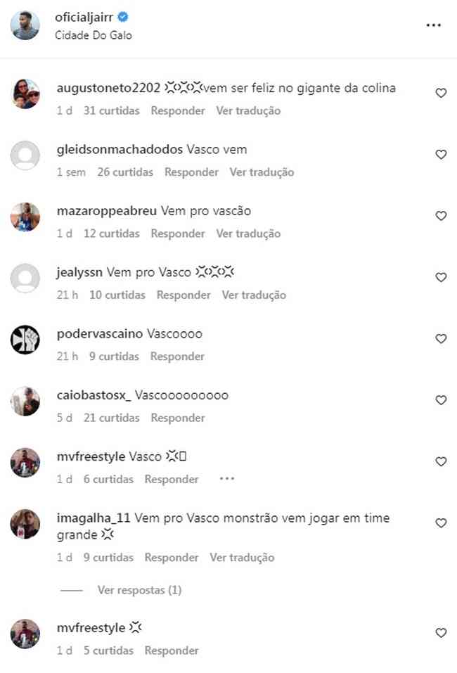 Torcida do Vasco 'invadiu' Instagram de Jair